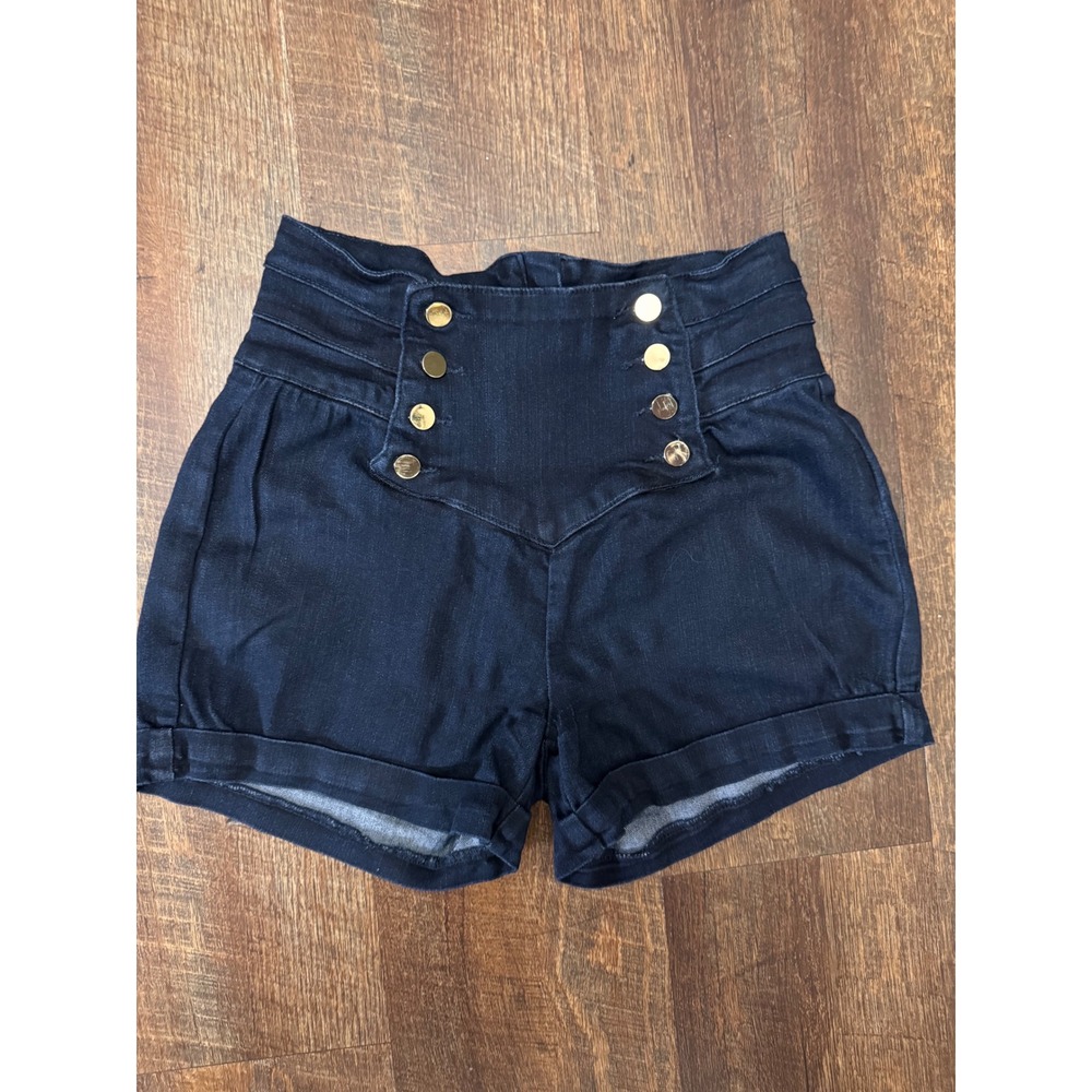 Bebe High Rise Sailor Shorts Size 28 Dark Wash Gold Button Denim Shorts